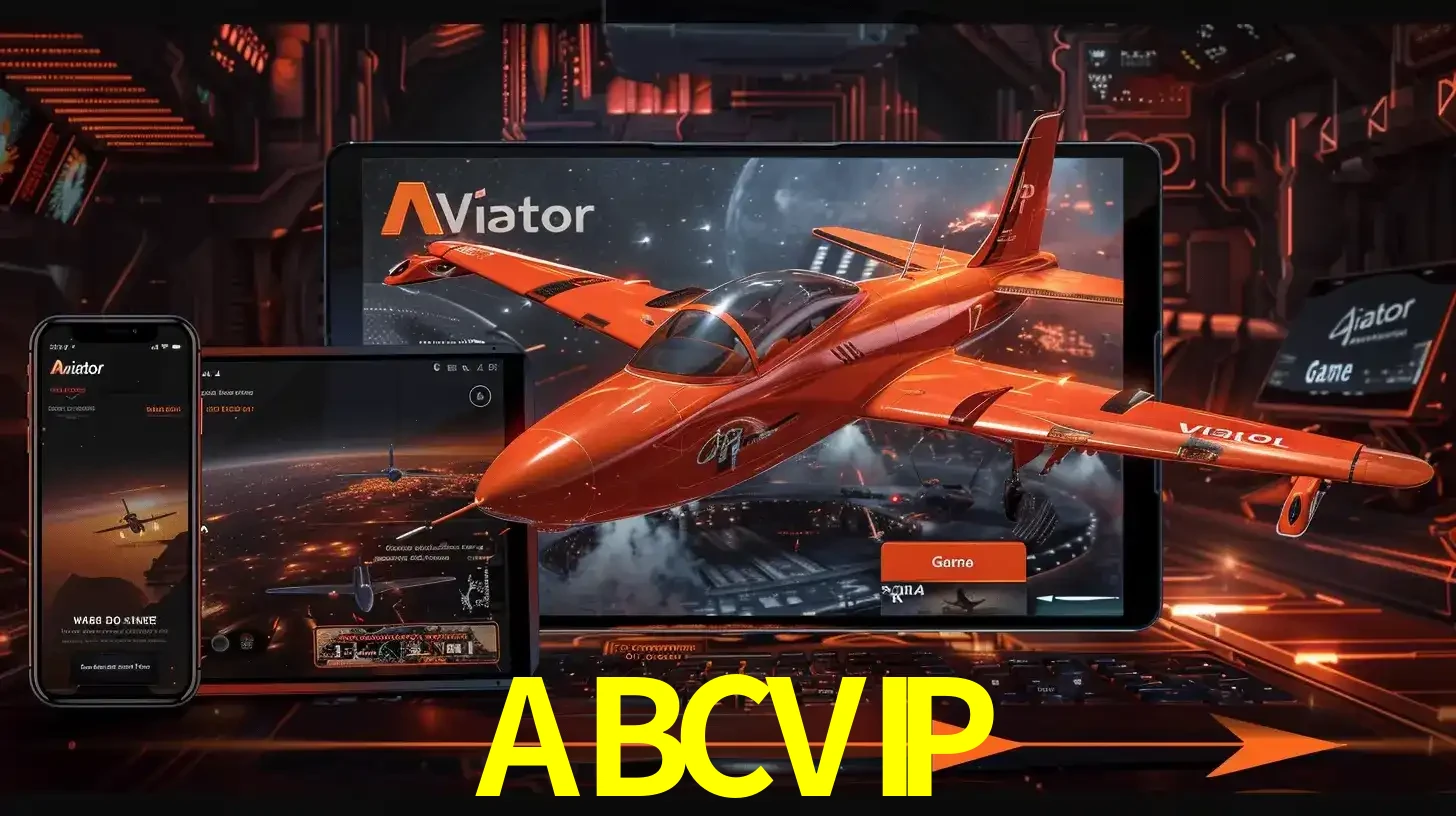 Apresentação tecnológica do jogo Aviator com um avião saindo da tela de um tablet, demonstrando a experiência imersiva em múltiplos dispositivos no ABCVIP.