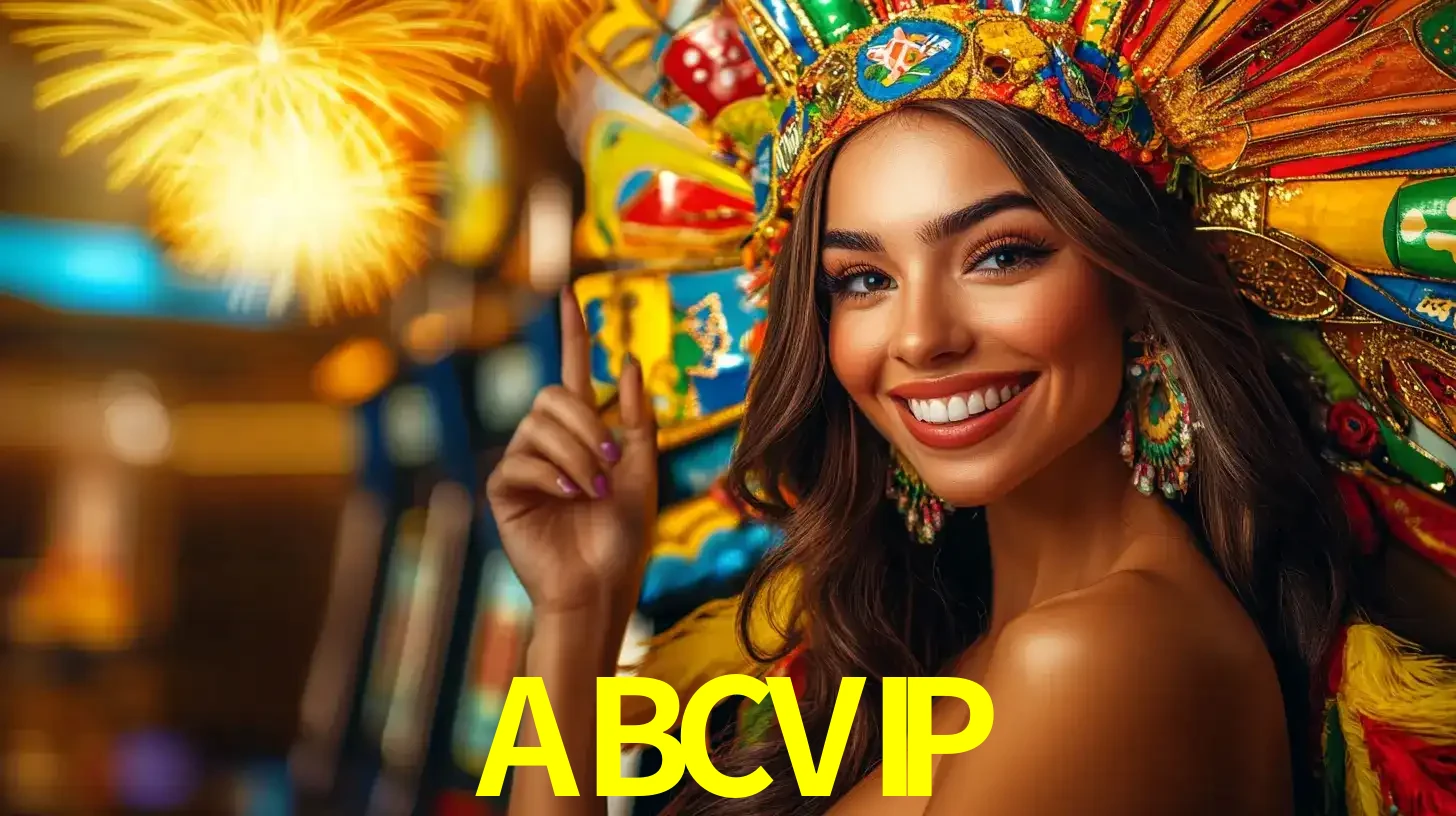 Mulher sorridente com um cocar de carnaval vibrante e colorido, celebrando uma grande vitória nos jogos do cassino ABCVIP com fogos de artifício ao fundo.