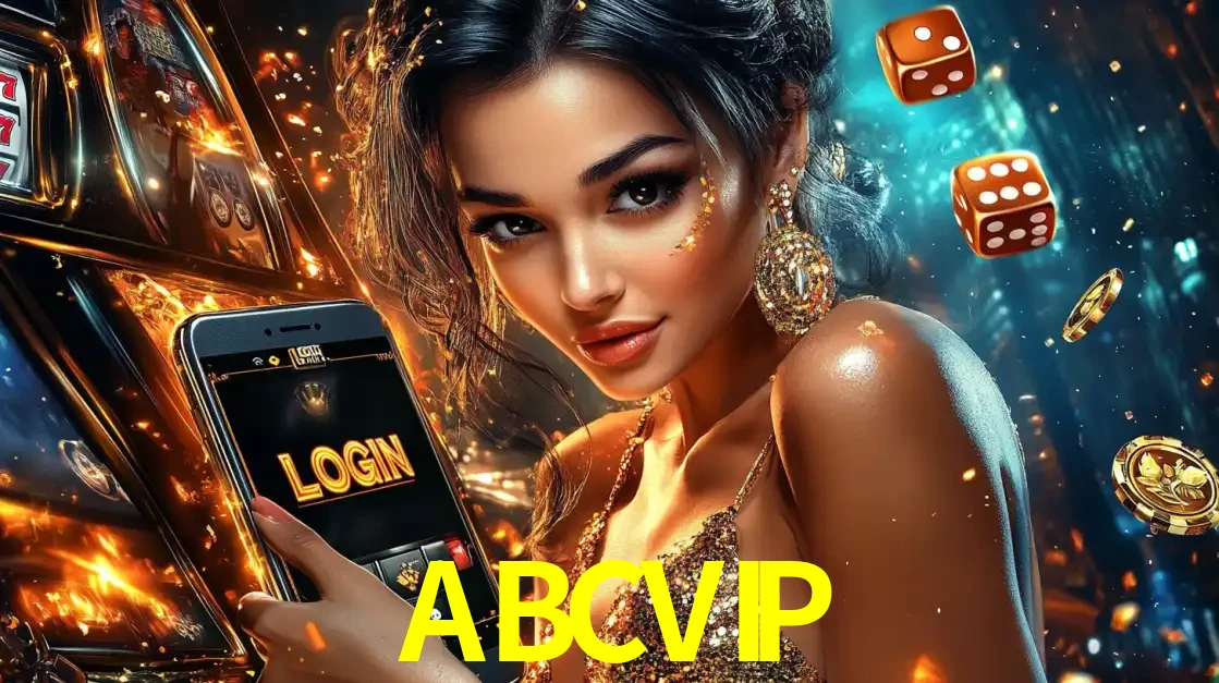 Mulher glamourosa segurando um celular com a tela de login do cassino ABCVIP, rodeada por dados e moedas douradas, pronta para começar a diversão.