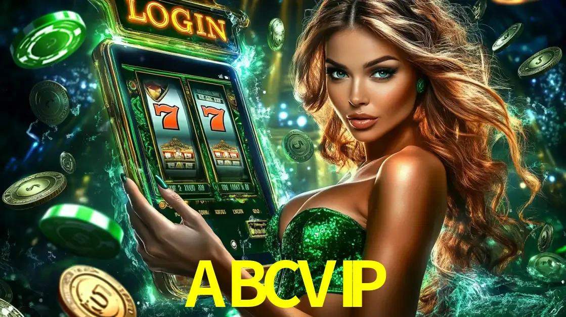 Mulher com tema verde apresentando o aplicativo do cassino ABCVIP com um jogo de slot de 777, cercada por fichas de cassino e uma aura de sorte.