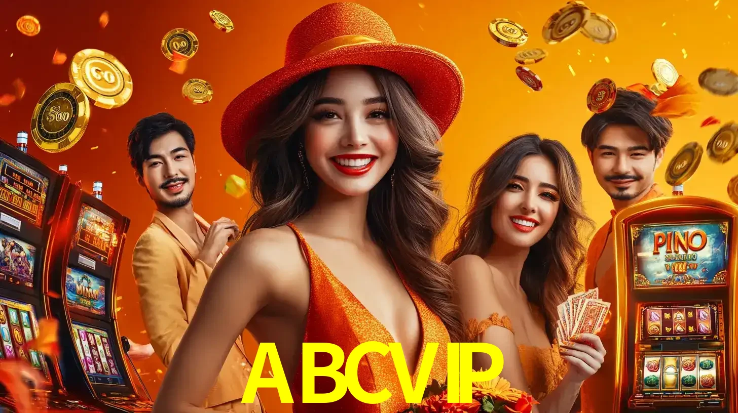 Grupo de amigos asiáticos sorrindo e se divertindo com máquinas de caça-níqueis em um ambiente festivo, celebrando suas vitórias nos jogos de cassino do ABCVIP.