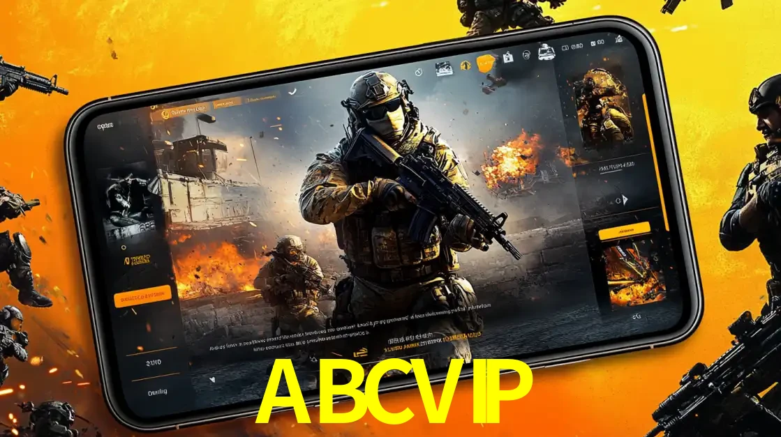 Um smartphone exibindo a interface de um jogo de tiro em primeira pessoa, com um soldado em um cenário de batalha, representando a ação dos e-sports para apostar no ABCVIP.