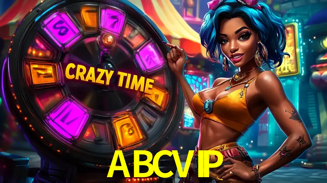 Mulher estilizada com cabelo azul e visual vibrante posando ao lado da roda de prêmios do game show Crazy Time, convidando para a diversão e os bônus do cassino ABCVIP.