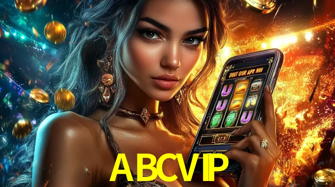 Mulher elegante mostrando um jogo de caça-níqueis em seu smartphone, destacando a experiência de cassino móvel oferecida pelo aplicativo ABCVIP.