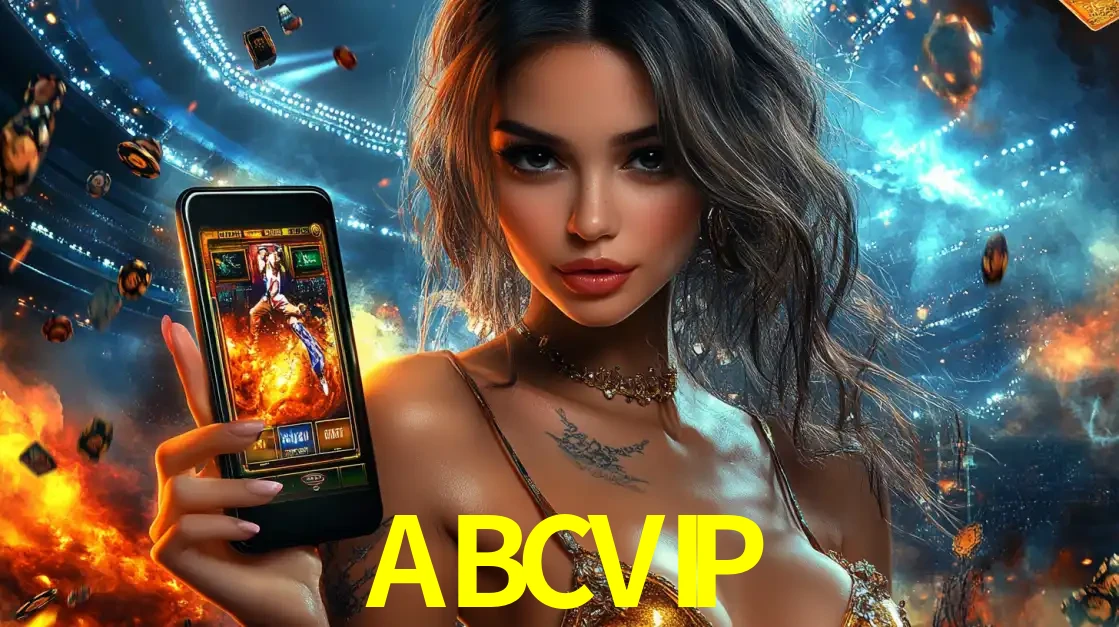 Mulher segurando um celular com um jogo de slot em destaque, tendo como fundo um estádio vibrante, simbolizando a emoção de jogar no cassino móvel ABCVIP.