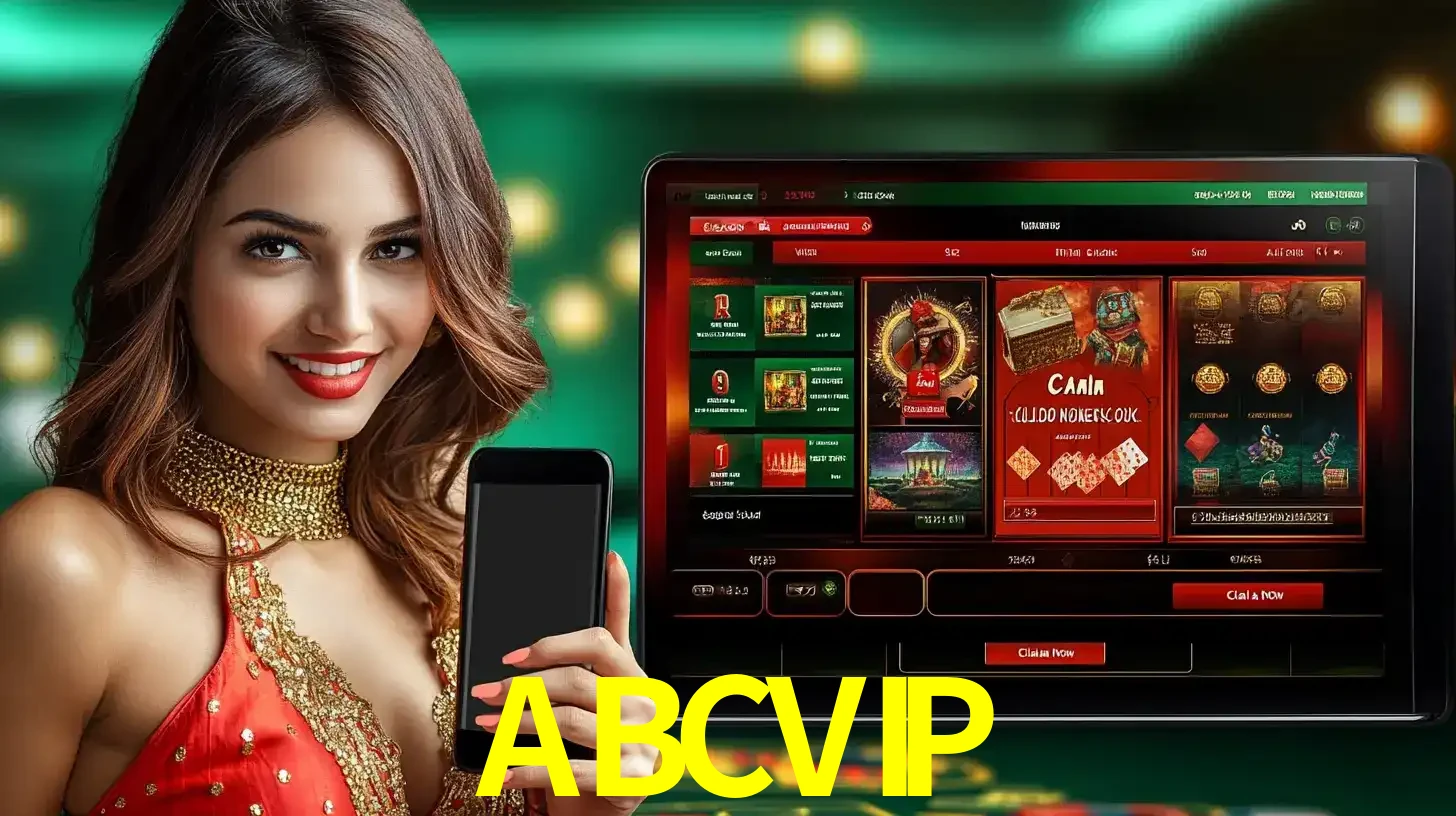 Mulher sorridente segurando um smartphone, ao lado de uma tela exibindo o lobby de jogos do cassino online ABCVIP, com várias opções de jogos de cartas e slots.